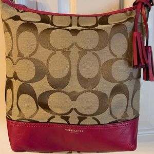 Coach Hot pink and brown fabric and leather handbag